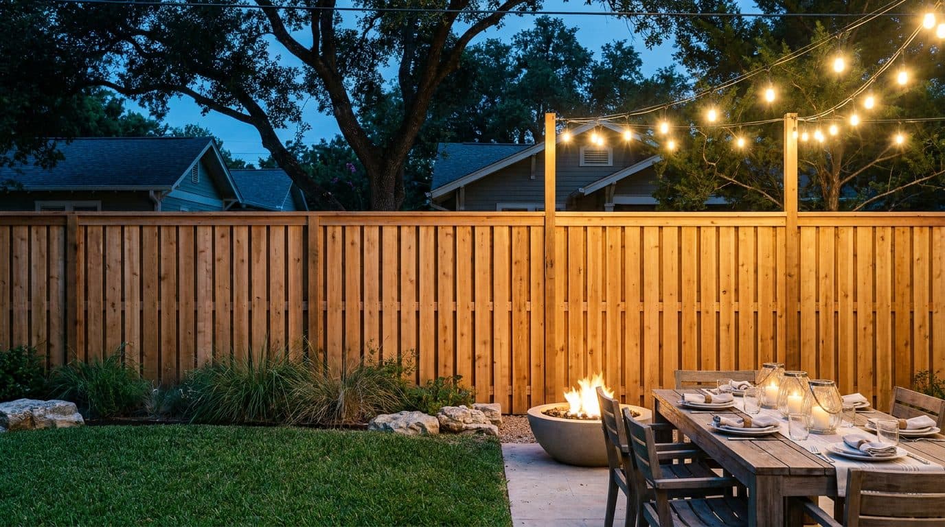 Backyard at dusk enclosed by a cedar privacy fence with string lights over a dining table