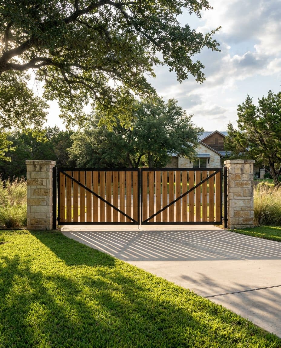 Cedar double driveway gate with a black steel frame between masonry columns