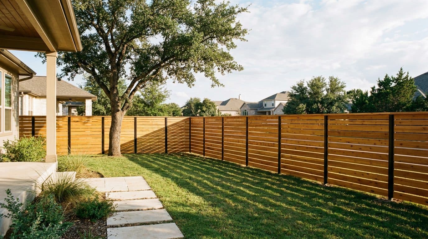 Horizontal cedar fence with black steel posts in an Austin backyard