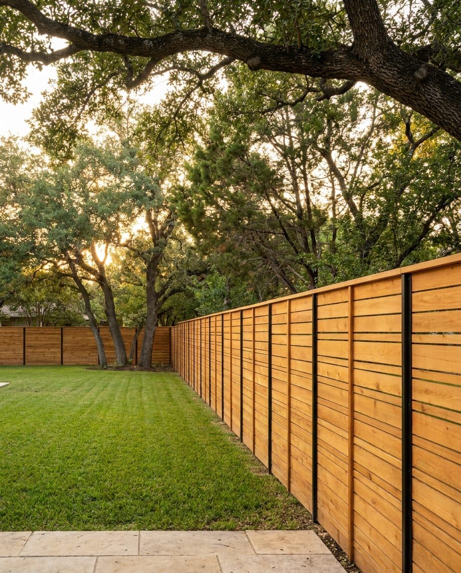 Horizontal cedar fence on black steel posts running along a backyard lawn
