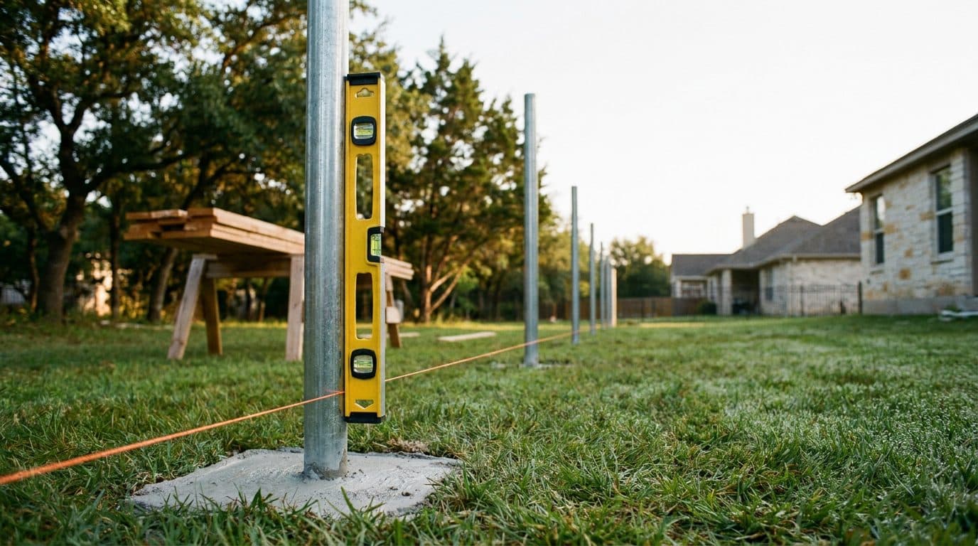 New steel fence posts set in concrete along a string line with cedar pickets stacked nearby