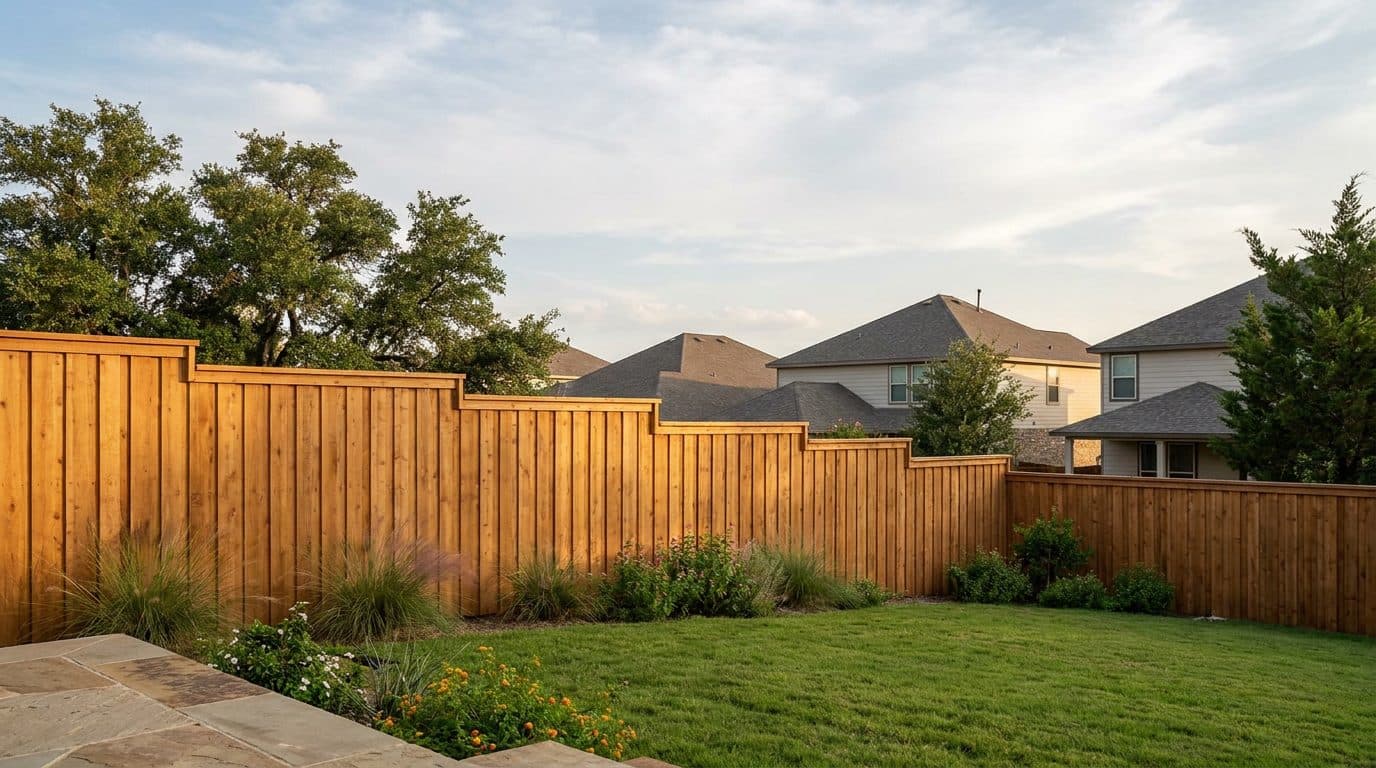 Six foot cedar board-on-board privacy fence with a cap in an Austin backyard