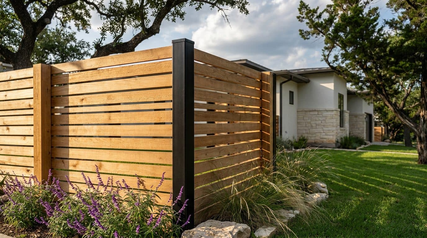 Horizontal cedar boards meeting a black powder-coated steel corner post
