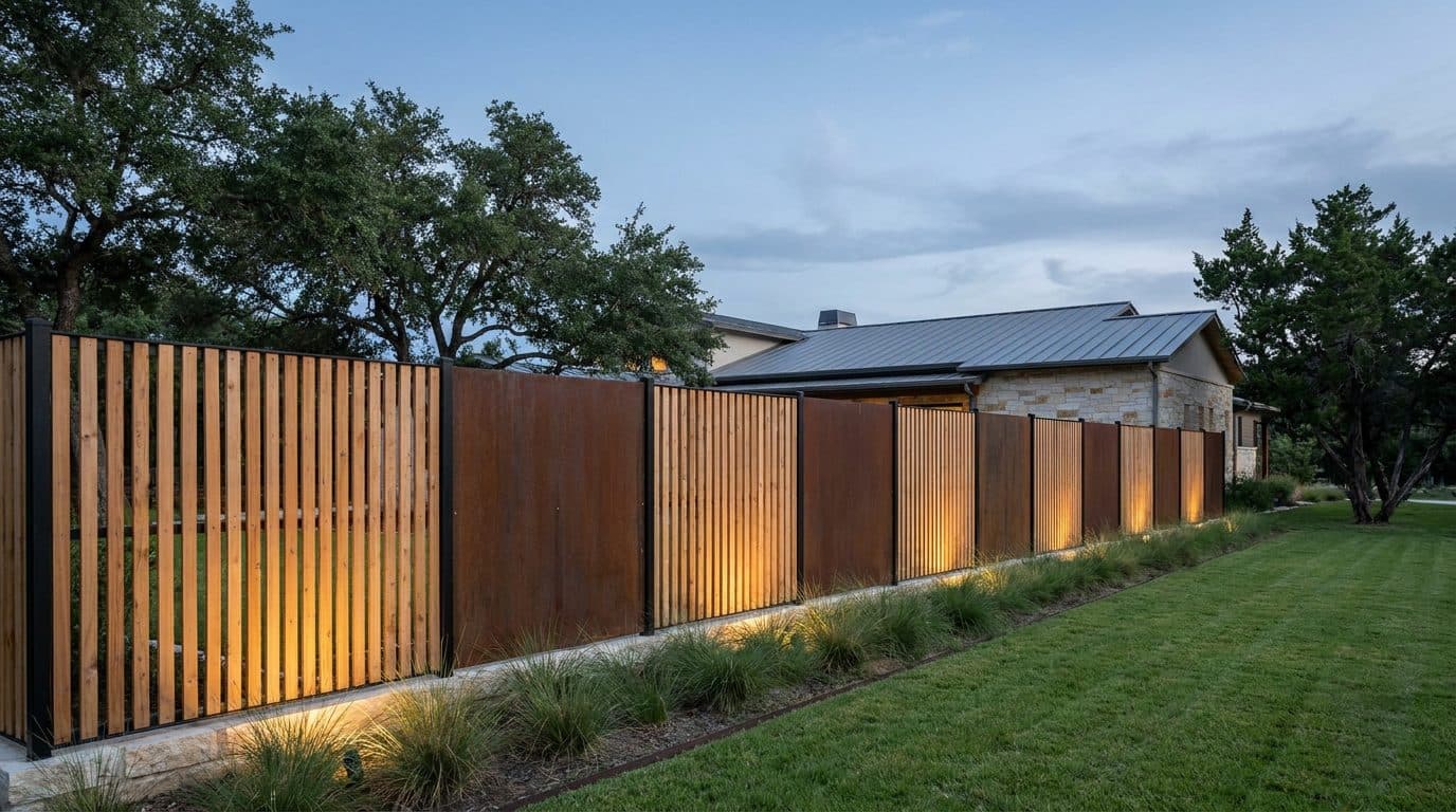 Modern fence of black steel frames with cedar slats and weathered steel panels at dusk