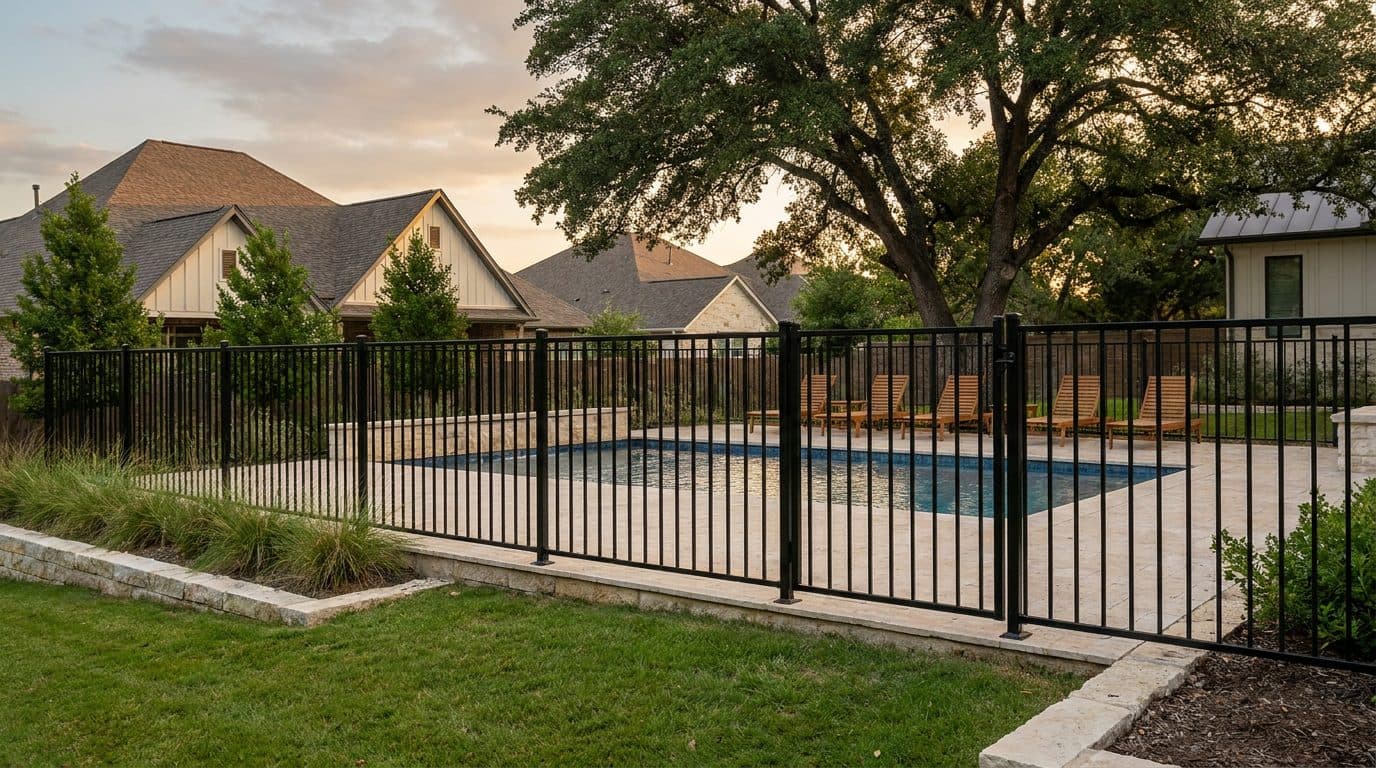 Black aluminum pool fence around a backyard pool with a self-closing gate
