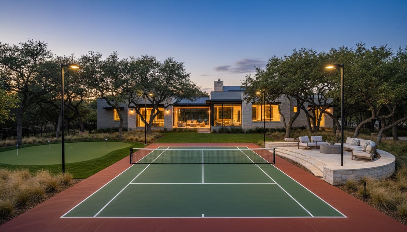 Backyard pickleball court and putting green at blue hour